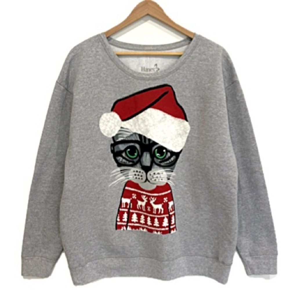 Hanes 3D Puff Print Velvet Flocked Cat Christmas Sweatshirt Size XXL Grey Fleece